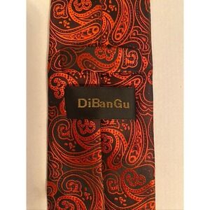 DiBanGu Mens Silk Necktie Orange Black Paisley Woven Hand Tailored Italian Style